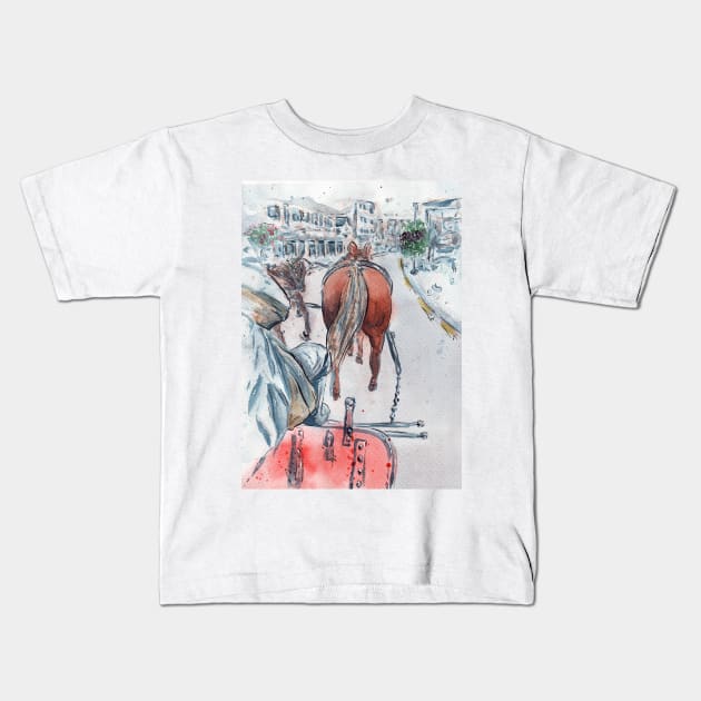 Mackinac Island Carriage Ride Watercolor Kids T-Shirt by Jarrodjvandenberg